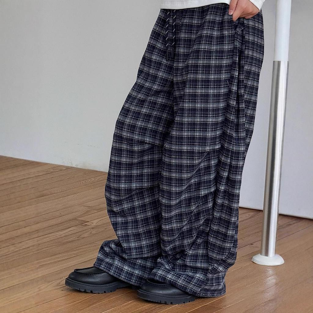Navy Blue Retro Plaid Wide-Leg Elastic Drawstring Trousers for Women and Children - Autumn/Winter Fashion