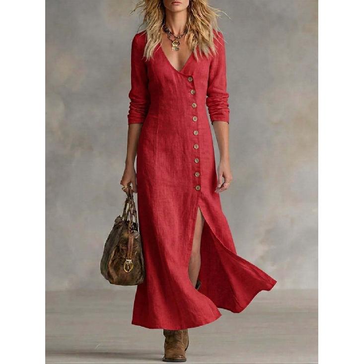 

2026 New Spring/Summer Fashion Casual Cotton-Linen Long-Sleeve Button-Front Women s Dress 3XL червоний