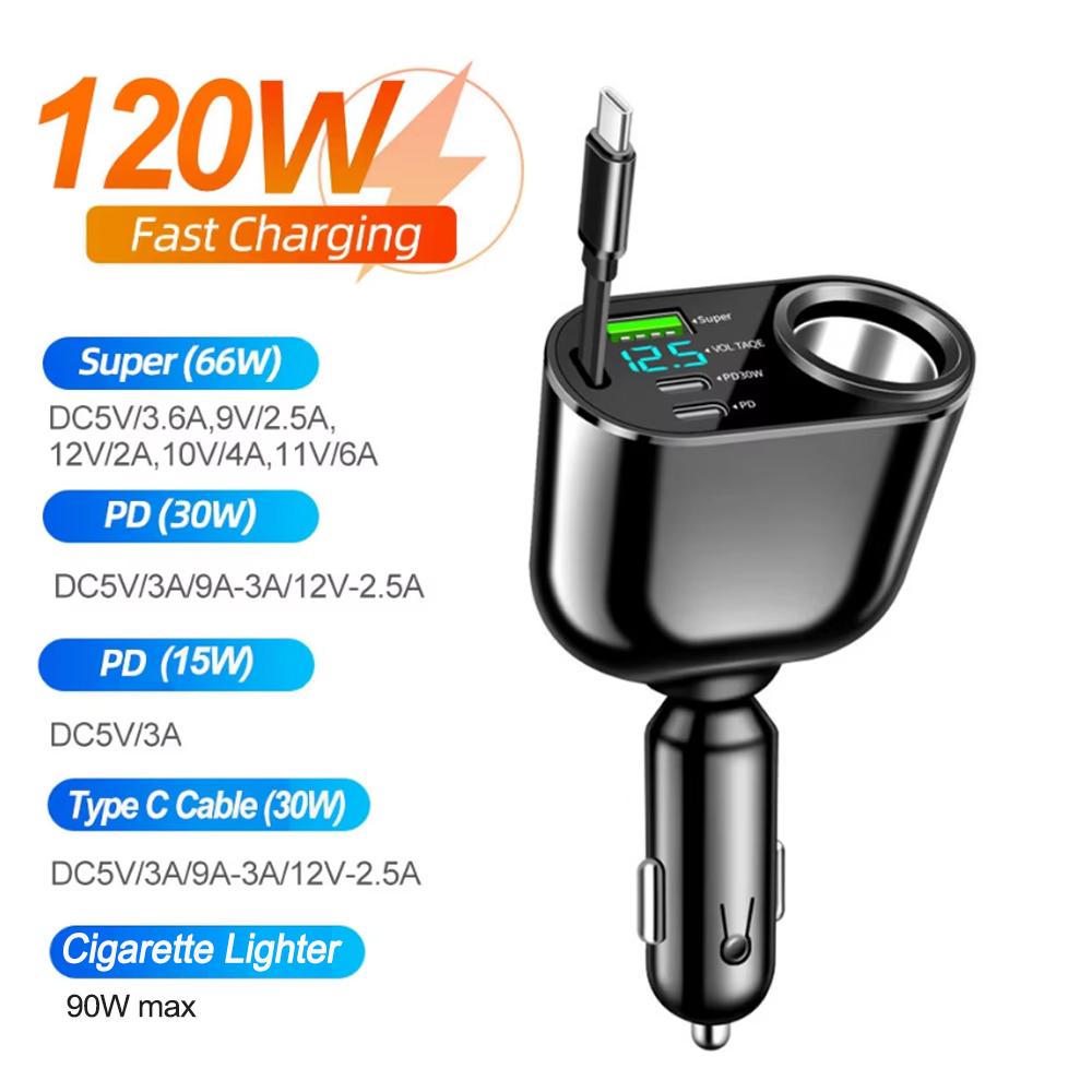 Caricabatterie da auto a 5 porte con cavo Type-C retrattile, ricarica rapida PD, caricabatterie super veloce per cellulare per Xiaomi Samsung Huawei