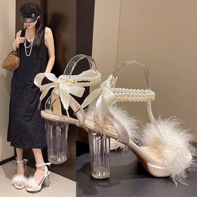 French popular open-toed high-heeled fluffy shoes women's 2025 autumn new commuter niche pearl fashion crystal heel sandals