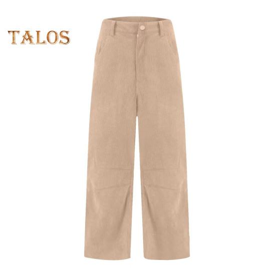 Women Corduroy Pants Elastic Waist Mid-rise Button Zipper Fly Wide Leg Casual Trousers with Pockets Solid Color Slacks