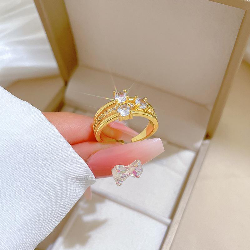 Real Gold Light Luxury Full Diamond Three-Layer Ring Opening Adjustable Simple Jewelry Japanese Ring Couple Ring