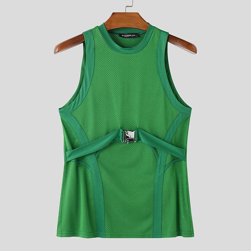 INCERUN Men Summer O Neck Sleeveless Patchwork Stretch Casual Sport Hollow Tank Tops