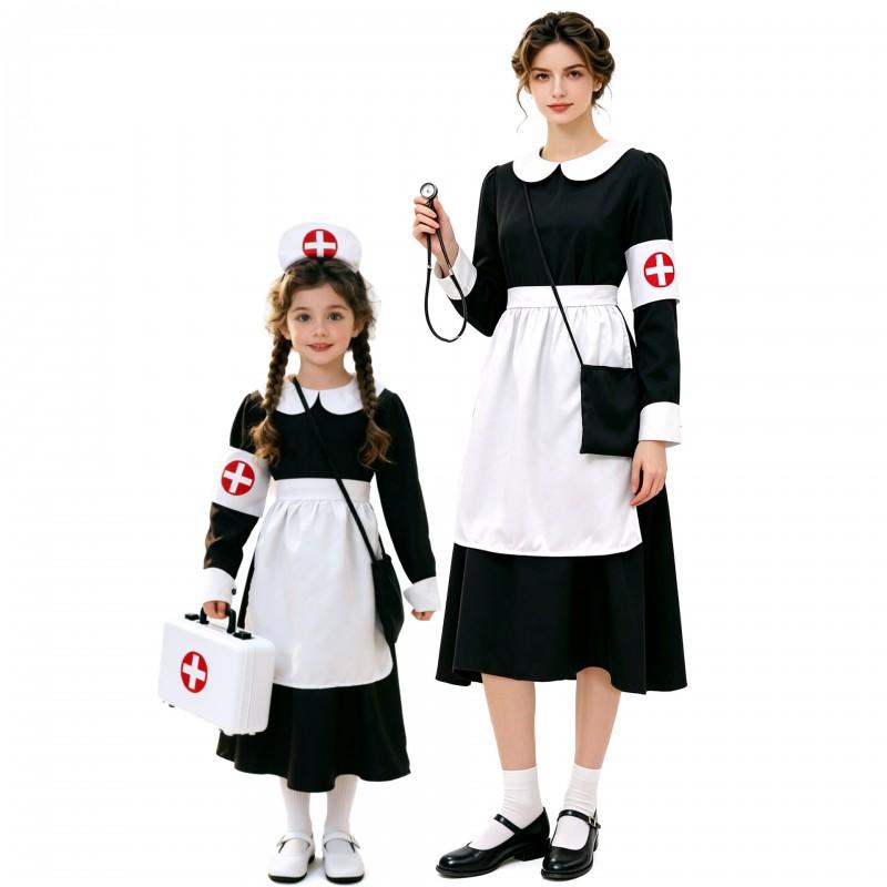 Women Kids Matching Nurse Costume Set Black White Classic Cosplay Outfit Stage Performance Halloween Role Play