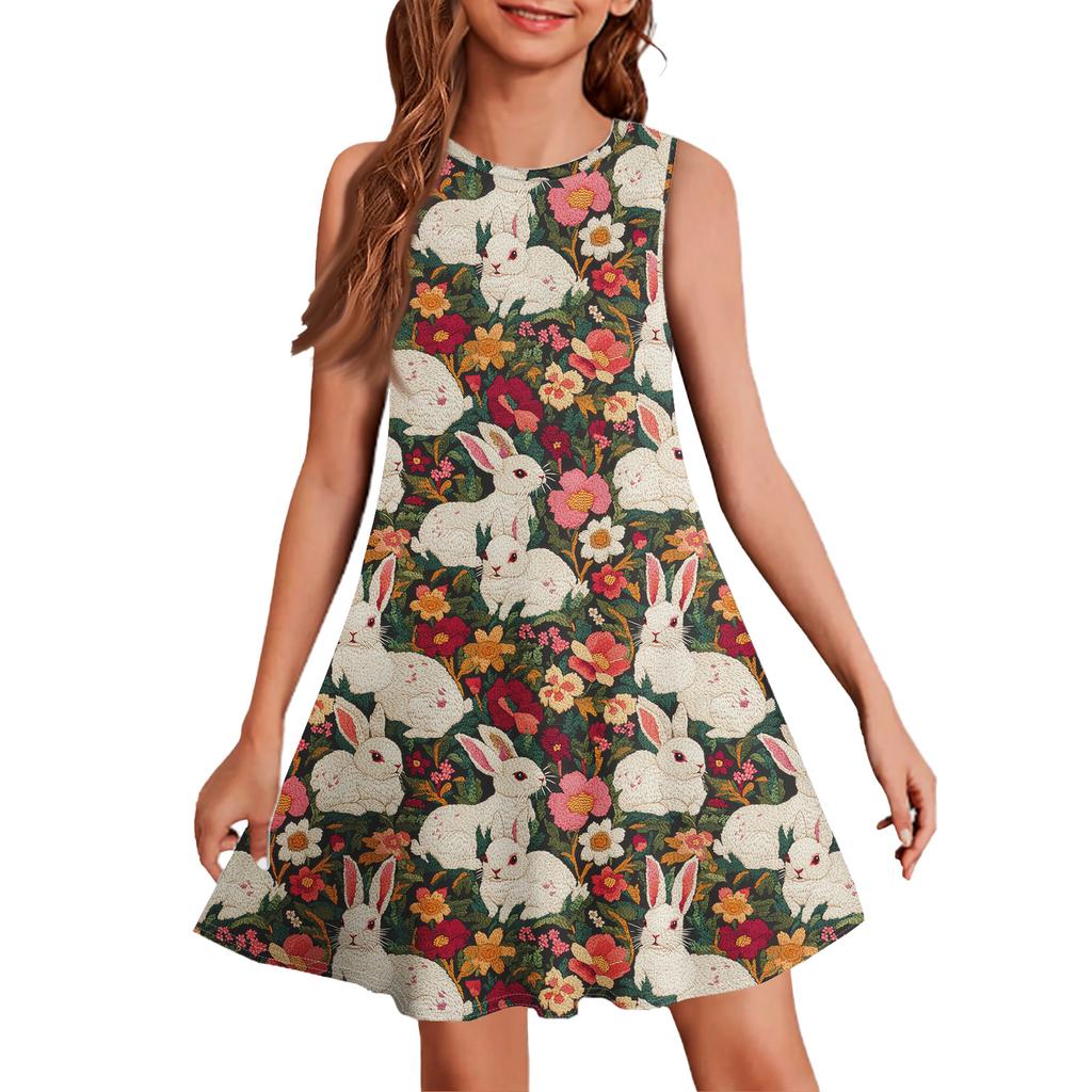 Ärmelloses Sommerkleid für Mädchen mit Aufdruck in Farbe, legeres Kleid