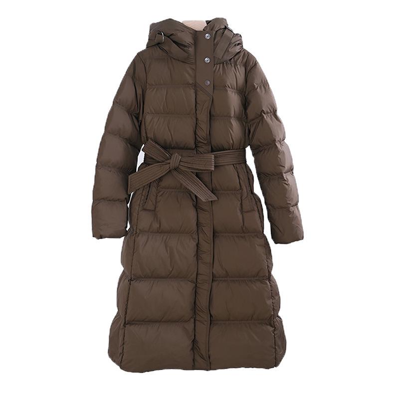 Winter 2024 Women's Long Over-the-Knee Slim Fit Down Jacket with Belted Waist - European Trend