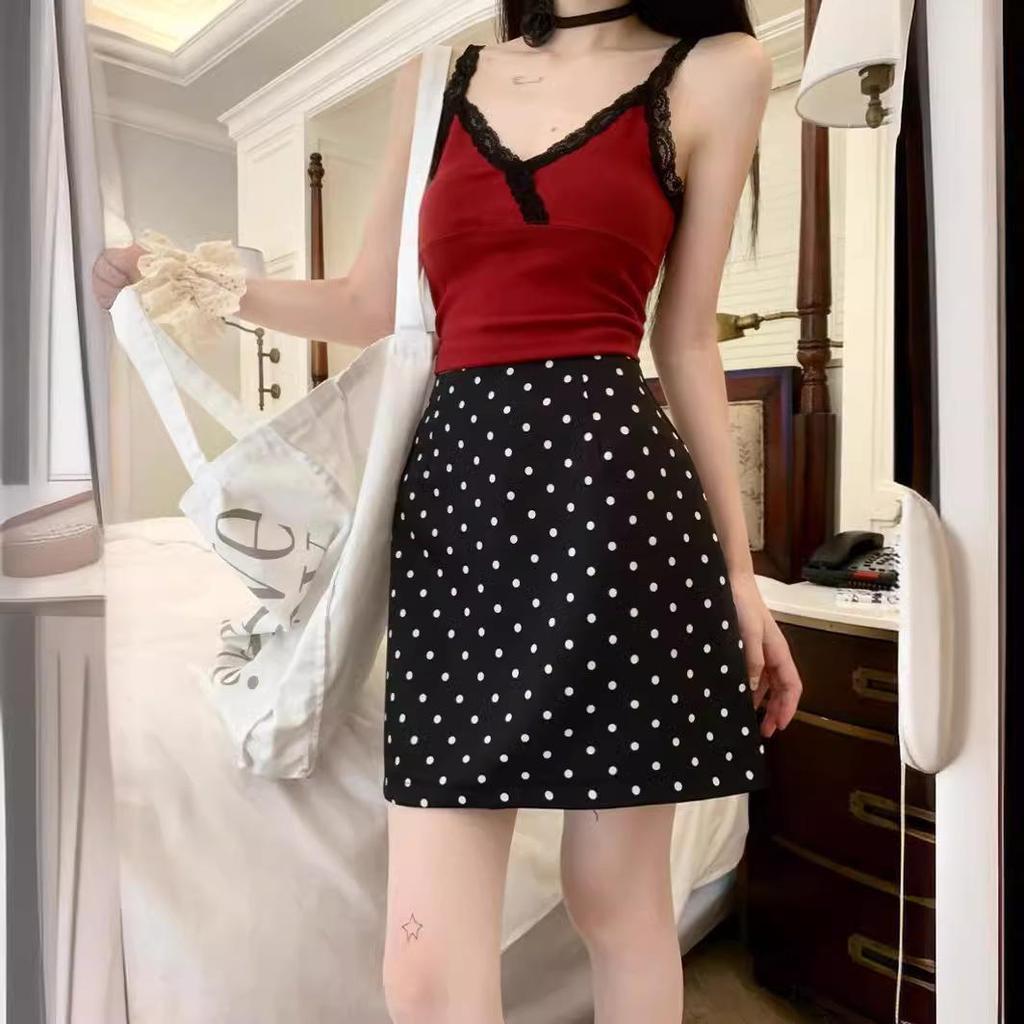 Dámská retro midi sukně s puntíky s vysokým pasem na léto 2024 - Zeštíhlující, všestranný A-střih