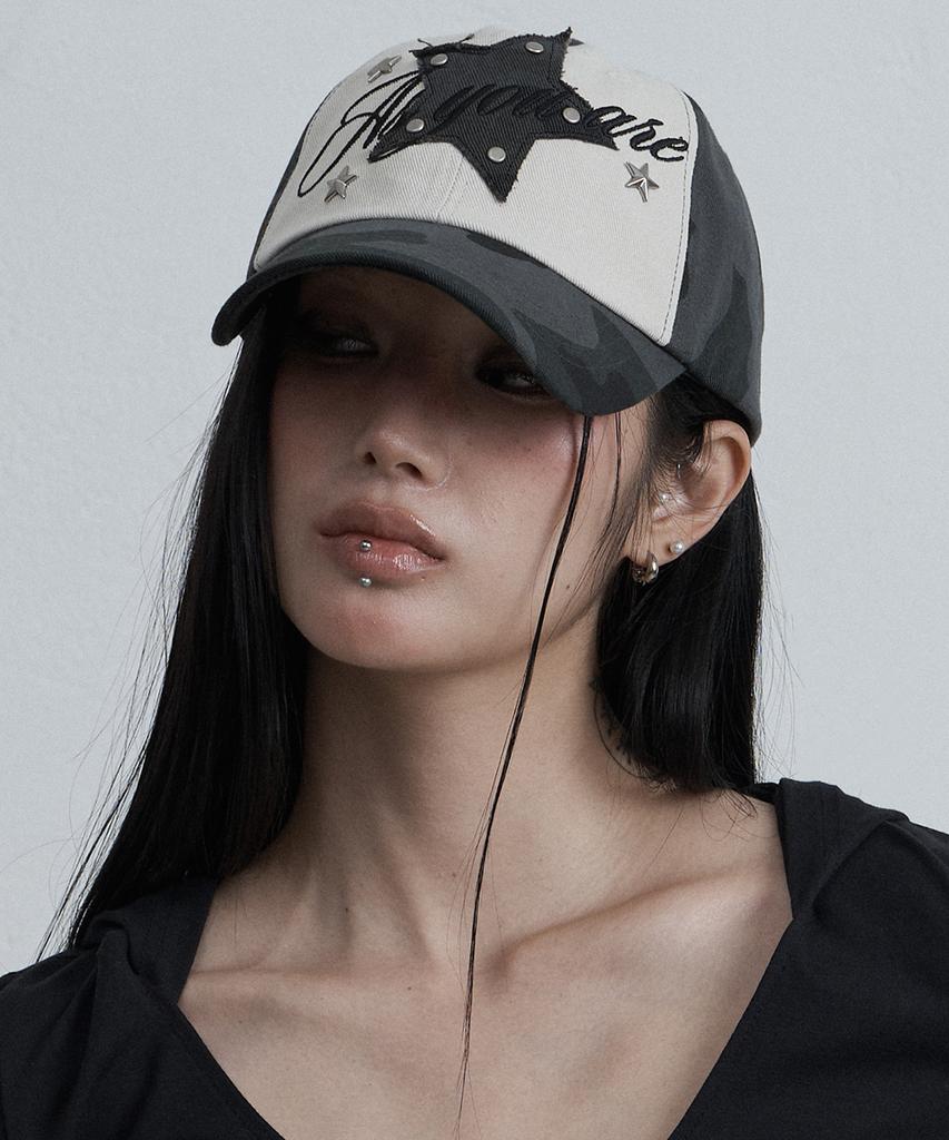 Aejeuyua Star Lettering Studded Ball Cap Camo