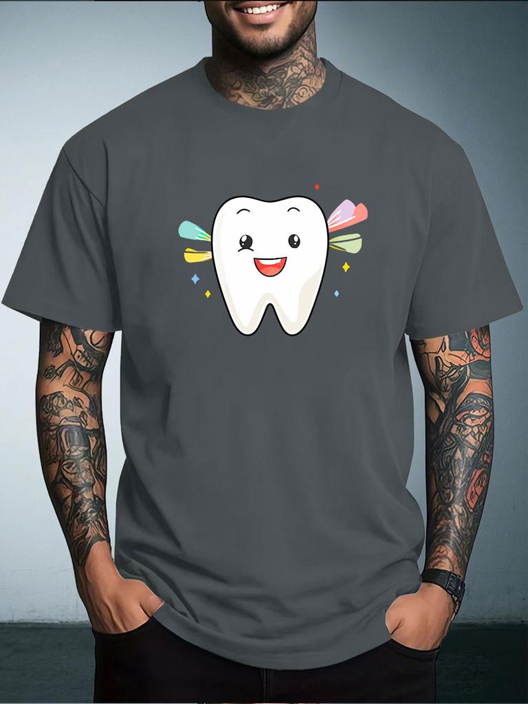 Unisex Summer White Short Sleeve Tee Cartoon Smiling Tooth Color Sparkle Graphic Print Crew Neck Loose Male Casual Streetwear Tops