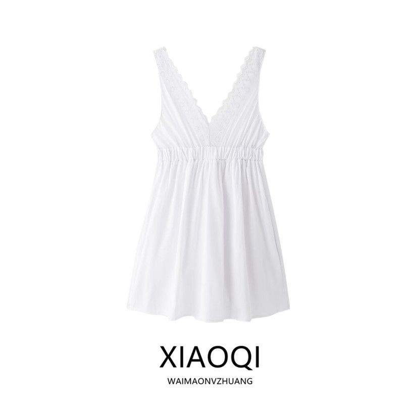 Fashion Style 2024 Summer New Arrival Women's Clothing Stylish V Neck All-Match White Embroidery Stitching Mini Dress