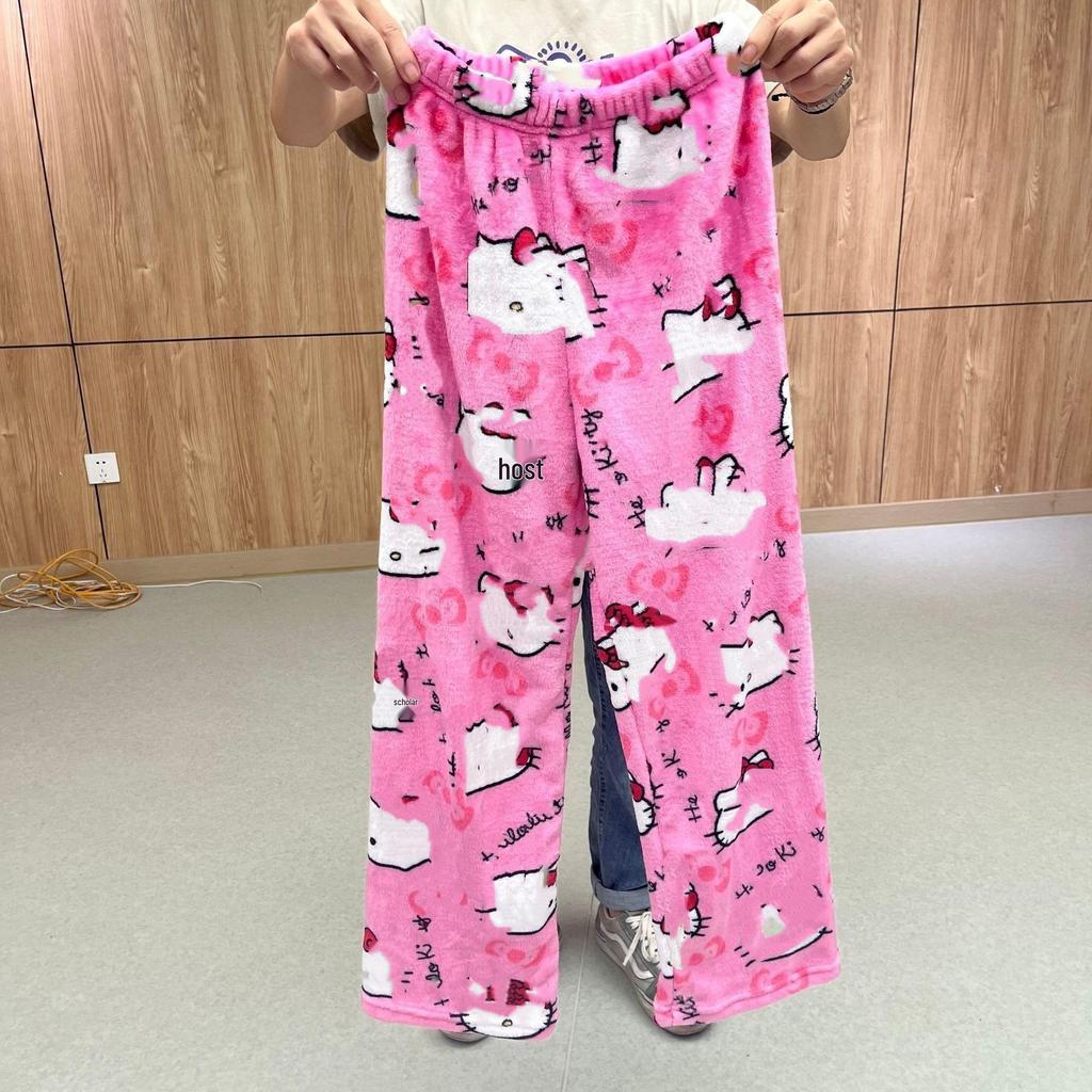 Pijamale de Crăciun din fleece cu pisică de desene animate pentru femei - Pantaloni de casă casual din flanel pentru toamnă/iarnă.