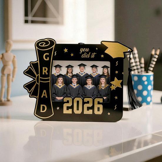 Wooden Photo Frame, Standard Size Graduation Picture Display, Black Gold with Rear Stand, Grad 2026 Picture Holder for Graduation Keepsake