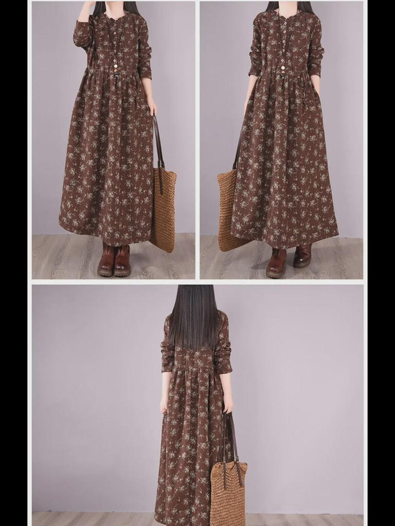 Women's Retro Floral Velvet-Lined Cotton Linen Dress - Round Neck, Long Sleeves, Loose Fit for Autumn/Winter 2023.