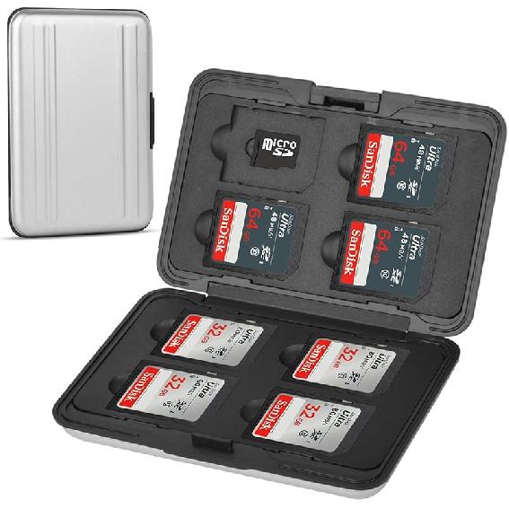 Aluminum Shock Resistant Carrying Box Memory Card Storage Case Holder 8 Slots for SD SDHC MMC Micro SD TF Cards Silver