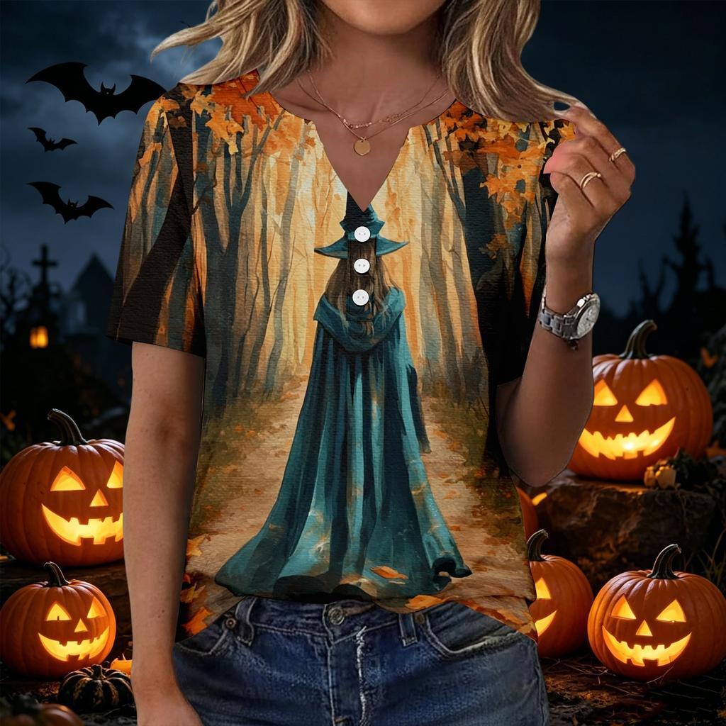 Women's Halloween V Neck Short Sleeve T-Shirt with Button Casual Top