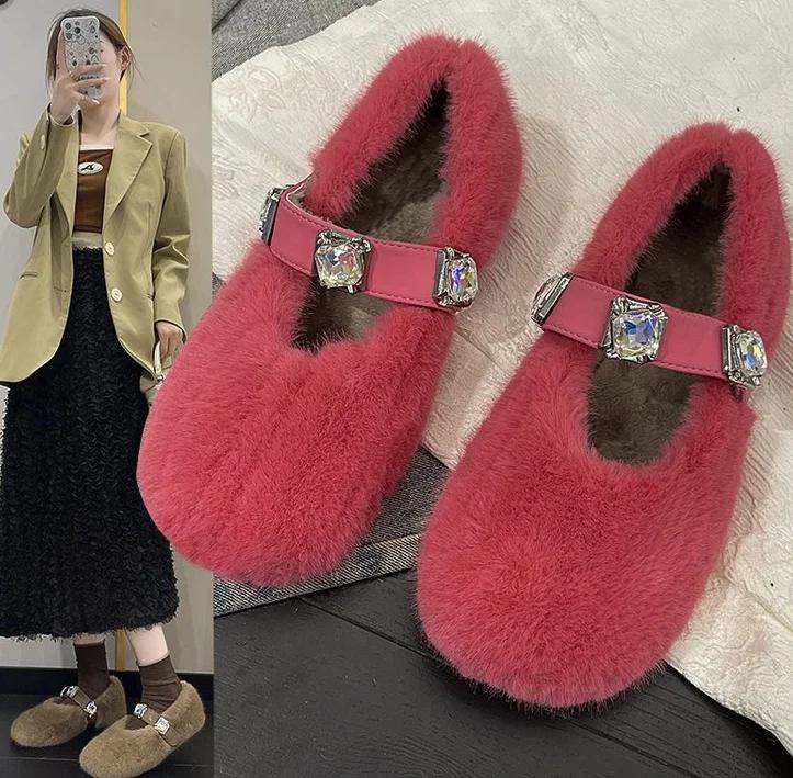 Fashion Shoes Woman 2025 Autumn Crystal Loafers Fur Casual Female Sneakers Square Toe Flats New Fall Rhinestone Comfortable Boat Winter
