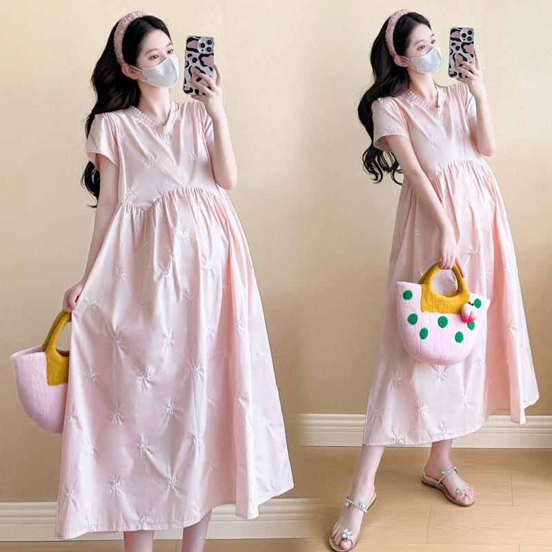 2026 Summer Maternity Dress: Sweet Embroidery High Waist, Loose Belly-Covering Korean Style L
