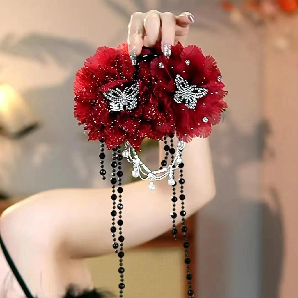 Large Bright Silk Flower & Feather Bead Tassel Hair Clip for Women's Updo