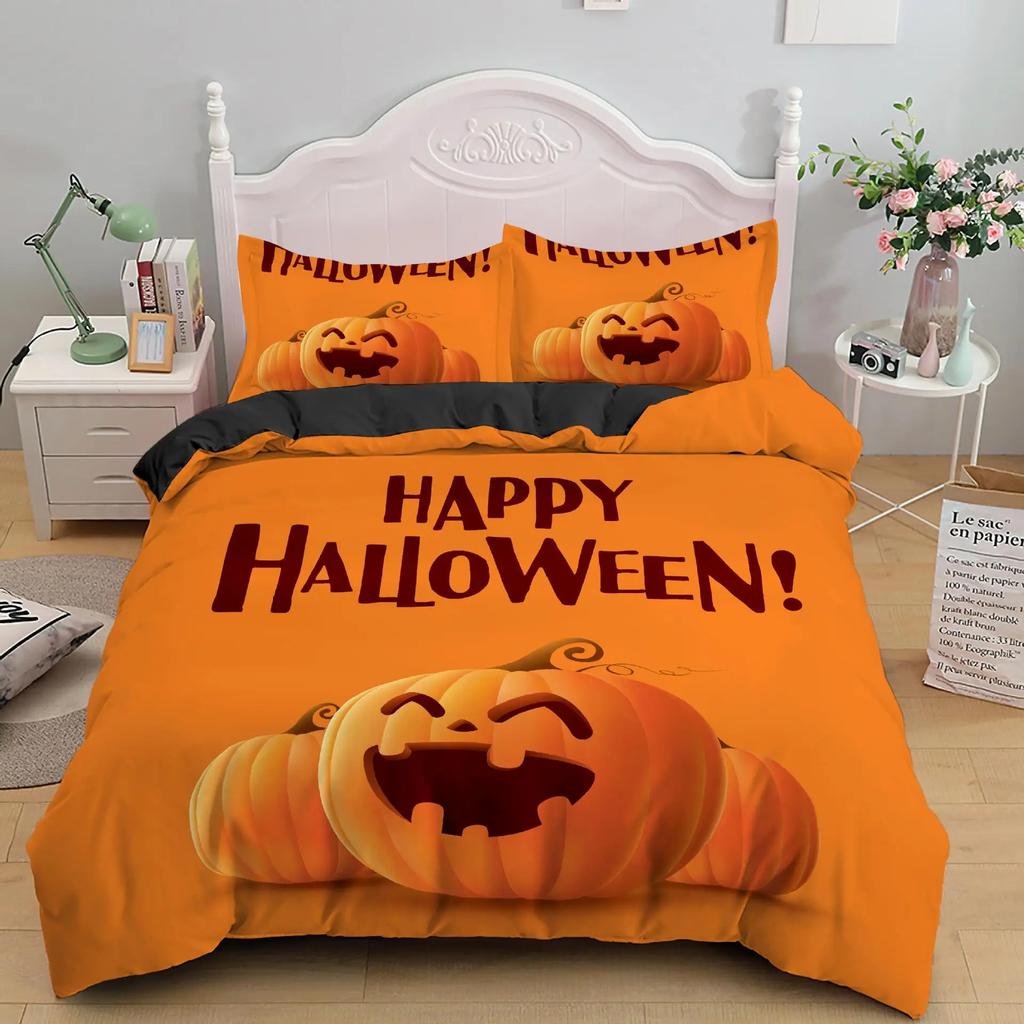 Halloween Pumpkin King Queen Duvet Cover Cartoon Black Cat Bedding Set Kids Girls Orange Pumpkin Lantern Polyester Quilt Cover