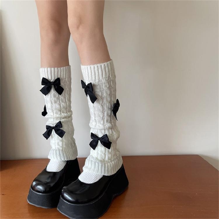 Women Girls Elegant Bowknot Accent Leg Warmers Twist Cable Knitted Footless Socks Foot Covers Boot Cuffs Accessories