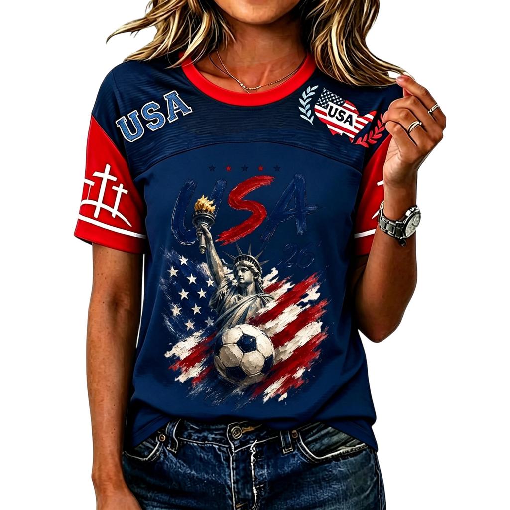 Women’s Casual Short Sleeve Pullover Crewneck Top with Soccer Graphic and USA Letter Print for Everyday Wear
