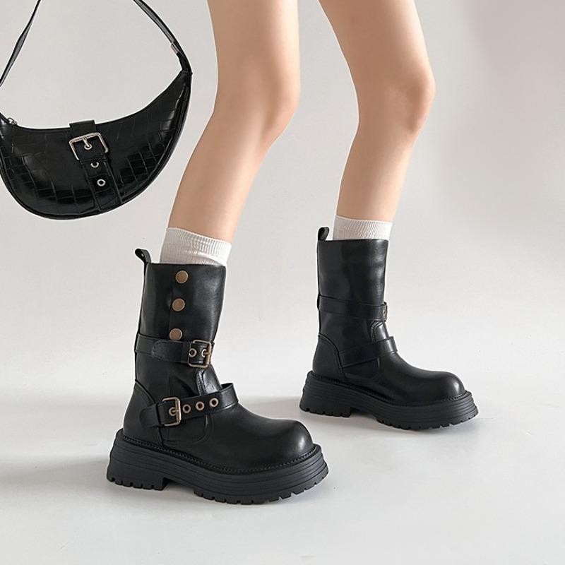 

2025 New Vintage Thick Bottom Woman Knee High Boots Fashion Belt Buckle Zippers Shoes Female Knight Long Boots Shoes 40 чёрный