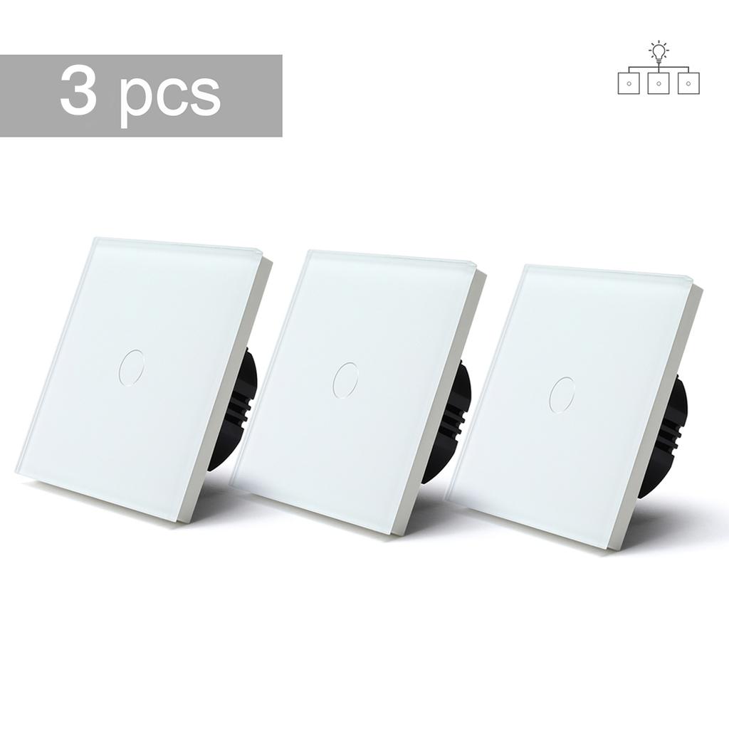 BSEED Touch Lichtschalter 1-fach 3-Wege für Treppenhaus Flur Korridor EU Standard Glasplatte Blaue Hintergrundbeleuchtung 10A 3er-Pack
