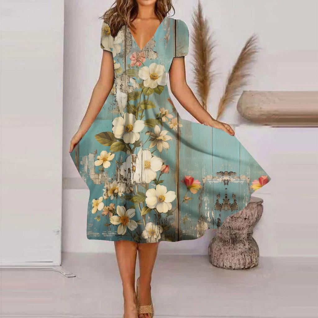 Sommer-Freizeitkleider für Damen, kurzärmeliges Swing-Sommerkleid, T-Shirt-Kleid mit Blumendruck