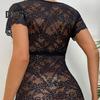 Women Night Dress See through Lace Sheath Skinny Thin Short Sleeve Low cut V Neck Flower Embroidery Pure Color Seductive Mini Nightgown