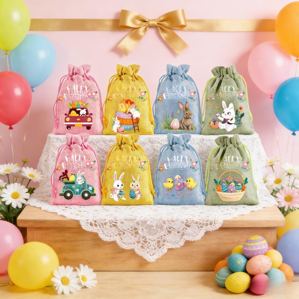 12pcs Easter Bunny Linen Gifts Drawstring Bags Happy Easter Small Drawstring Favor Pouches For Wedding Party Candy Bag