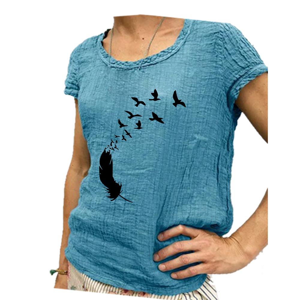 

Женская модная футболка с круглым вырезом из хлопка и льна, весна-лето, повседневная блузка с коротким рукавом и принтом перьев XXXXL озеро синий