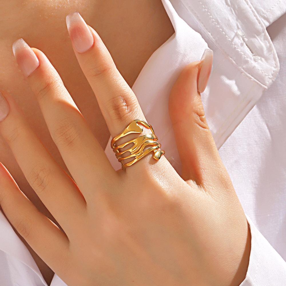 Stainless Steel Lava Irregular Hollow Ring for Women Metal Texture Waterproof Daily Simple Stylish Golden Rings Jewelry