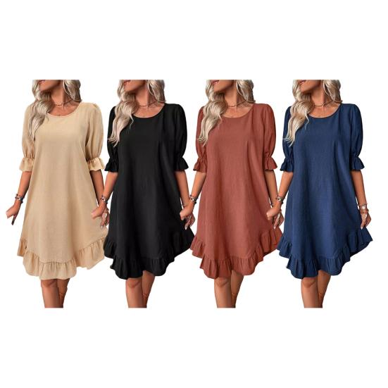 Women's Summer Cotton Linen Dress Casual Crew Neck Short Sleeve Midi Dress Beach Vacation Ruffle Hem Loose Dress