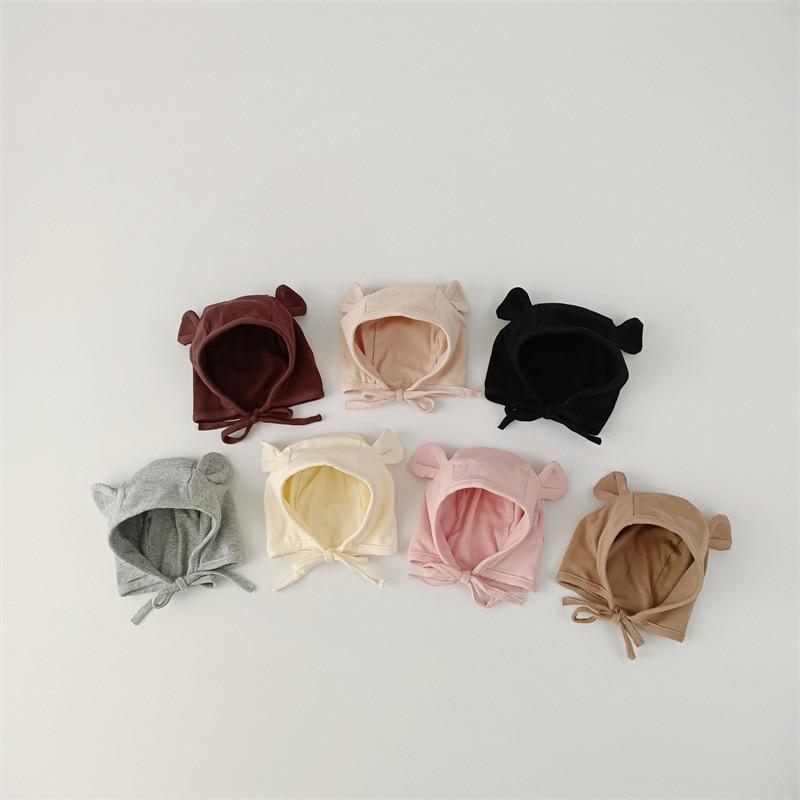 Korean Cute Cartoon Bunny Bear Ear Newborn Hat Beanie Spring Autumn Toddler Cap Turban with Strap for Infant Baby Boys Girls