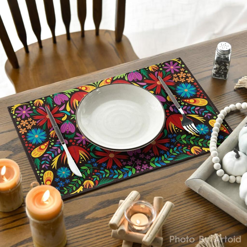 Mexican Cinco De Mayo Placemats Set of 6, 12 x 18 Inch Dia De Los Muertos Decoration Washable Table Mats for Party Dining Table