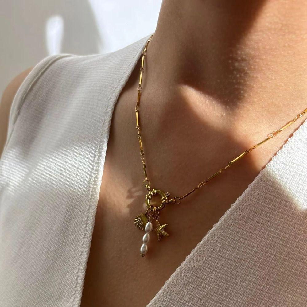 Waterproof Gold Plated Necklace Stainless Steel 18K Gold Plated Freshwater Pearl Necklace Detachable Accessories Shell Necklace