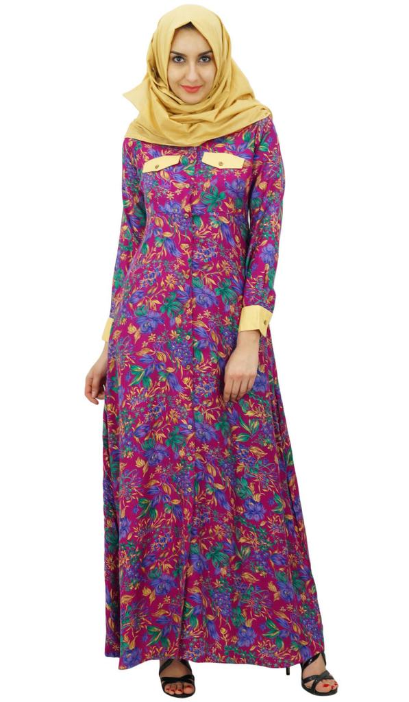 Bimba Womens Muslim Printed Jilbab Dress Designer Abaya With Pockets & Hijab