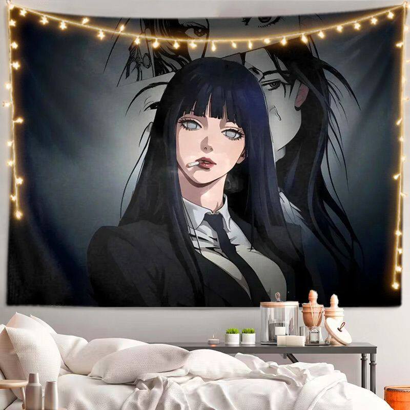 VIKAMA Cool Anime Girl Tapestry Black Hair Cool Girl Wall Hanging for Bedroom Dorm Gaming Room Decor Edgy Manga Art Poster