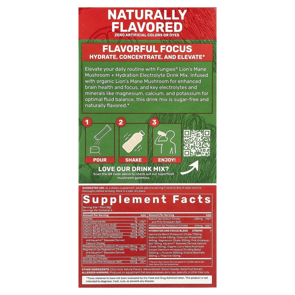 Fungies, Reishi Mushroom + Hydration, Electrolyte Drink Mix, Cherry Limeade, 6 Stick Packs, 8g (0.28oz) Each