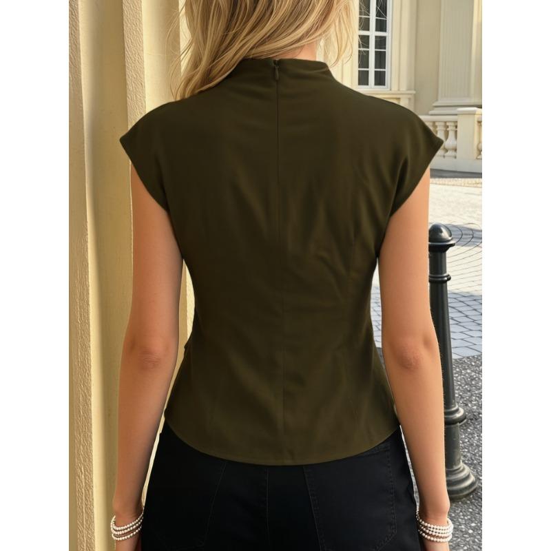 High Neck Sleeveless Metal Buckle Belt Waist Cinching Slim Fit Commuter Blouse