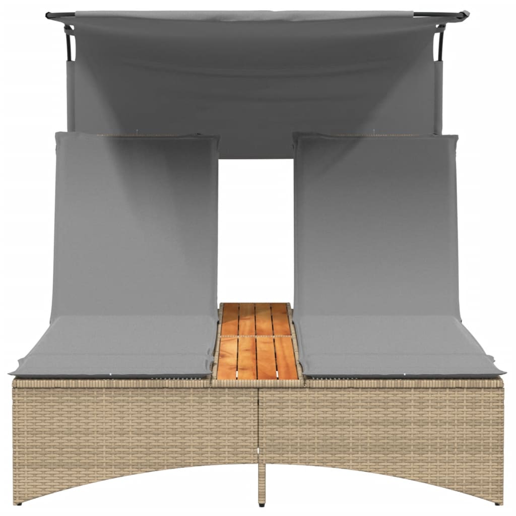 Double Sun Lounger with Canopy and Cushions Beige Poly Rattan