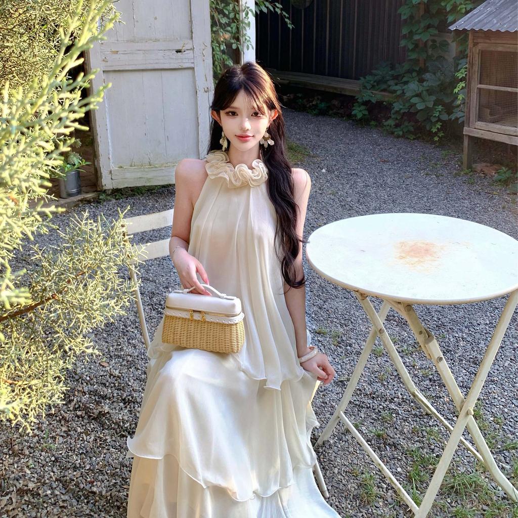 French photo super beautiful neck off-the-shoulder dress women's new seaside vacation sleeveless vest cake long dress summer