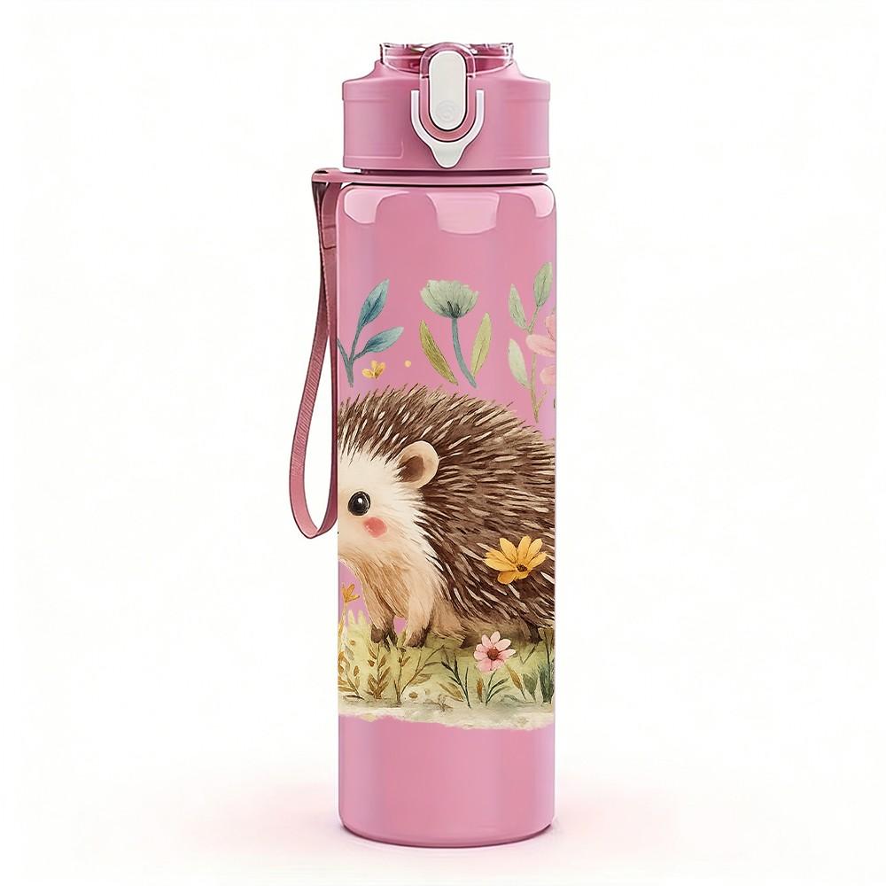 1PC Hedgehog Wildflower Floral Print 750ml Color Plastic Sports Water Bottle Leakproof Flip Straw Lid Suitable for Sports Office Home Use