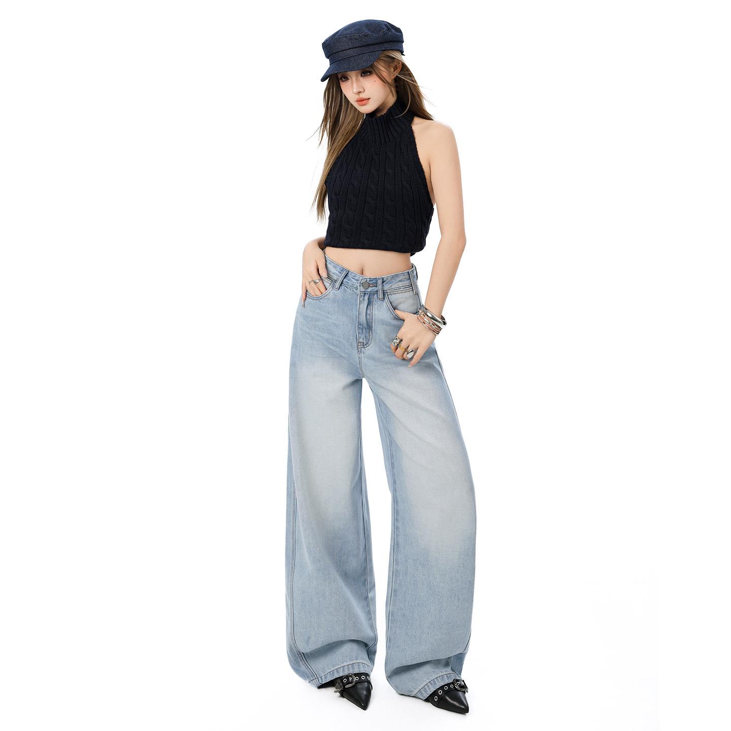 Women s Light Blue High-Waisted Slim Wide-Leg Jeans - Flattering Spring/Summer Floor-Length Pants Extra Small