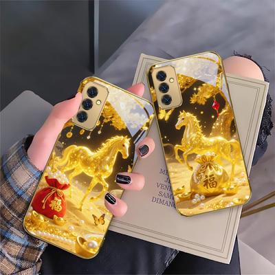 The Golden Lucky Horse For Samsung Galaxy S 21 S22 S23 Plus S24 Ultra S20 FE 25Ultra S21+ S9+ 22Plus Golden Glass Phone Case