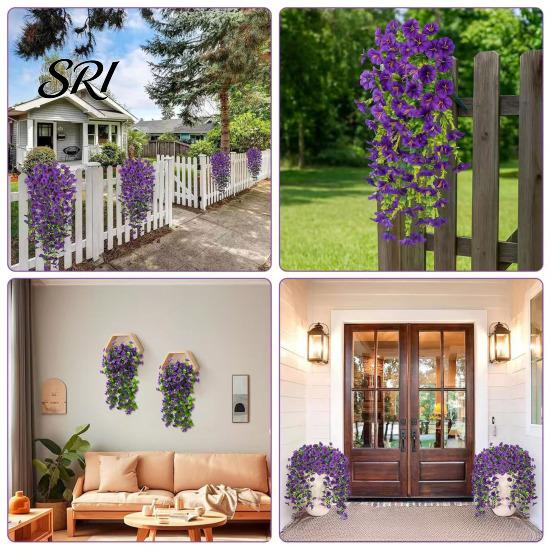 Water-free Flower Decor Artificial Flowers for Outdoor, Fake Hanging Morning Glory with Eucalyptus Leaves, UV No Maintenance Resistant Faux