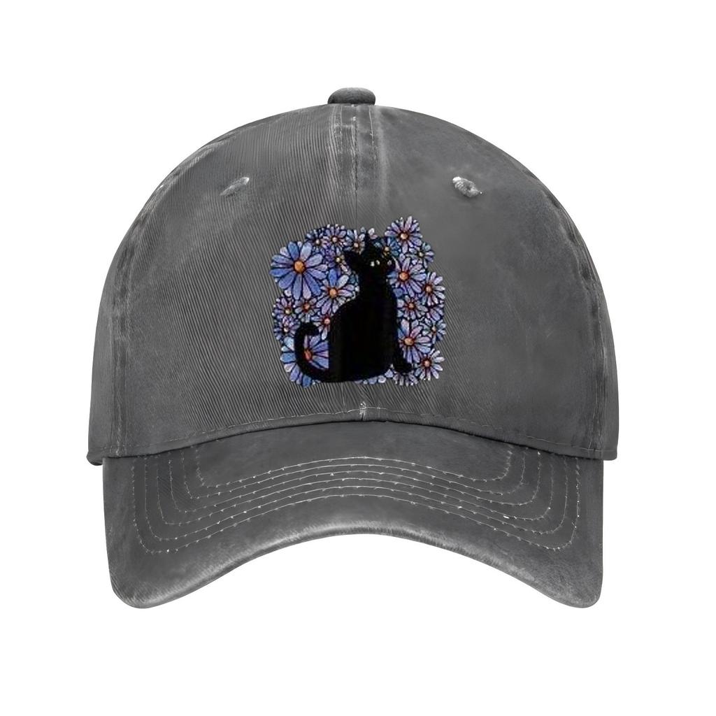 Black Cat Surrounded by Blue Floral Print Baseball Cap Casual Adjustable Polyester Summer Sun Hat Unisex