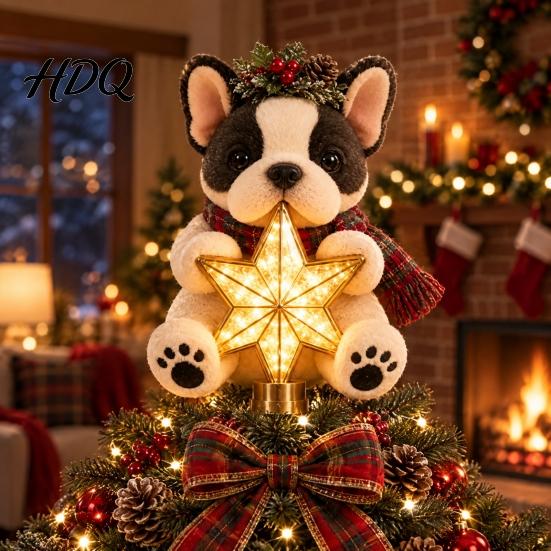 Cute Puppy Ornament Dog Christmas Tree Topper with Light Warm LED Star Plush Decoration Universal Base for Pet Lover Unique