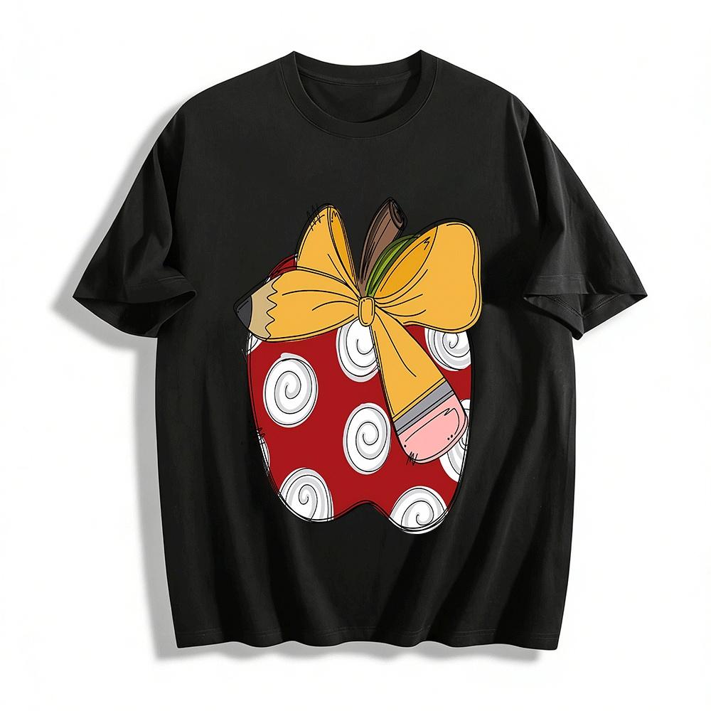Cartoon Apple Pencil Bow Print Casual Top Pure cotton T-shirt XXS