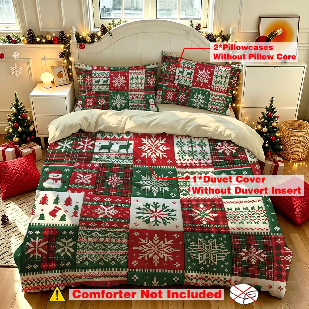 Christmas Duvet Cover Set 3Pcs Patchwork Plaid Snowflake Tree Reindeer Print Soft Microfiber Bedding with Pillowcases